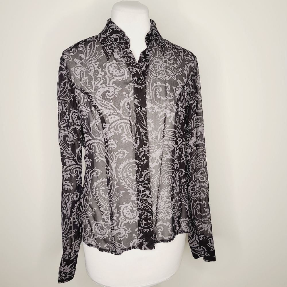 INC International Concepts Button Front Blouse in Black and Grey Paisley Sz 2